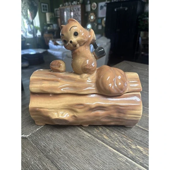 Vintage MCM Brush McCoy Squirrel & Nut On A Log Cookie Jar Mid Century - Picture 1 of 12